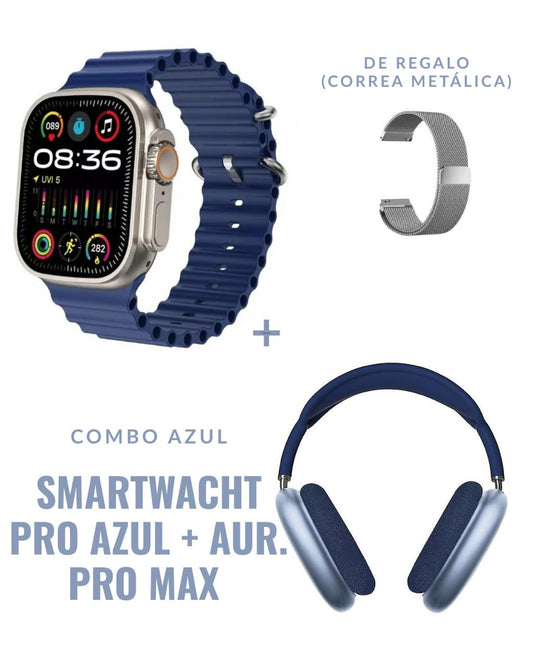 combo PRO, smartwatch Pro AZUL + Auriculares PRO MAX AZUL + correa metallica de regalo